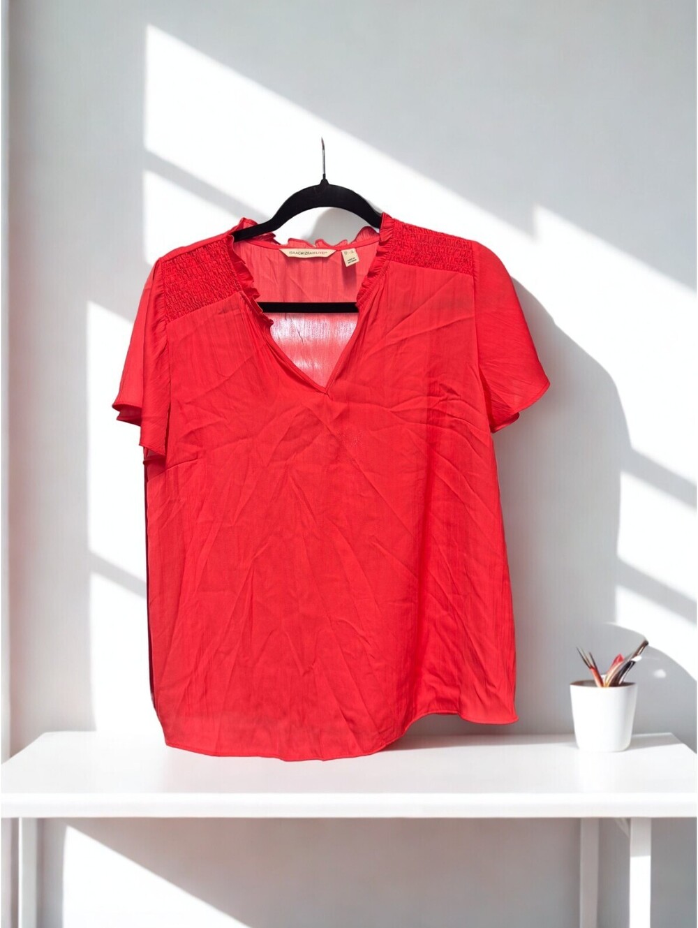 Isaac Mizrahi Live Crinkle Satin Blouse with Smocking Detail DEEP HIBISCUS M
